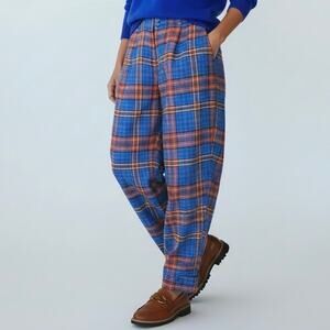 Oilily Textured Plaid High Waisted Baggy Pants, Size 36 (S), Blue/Orange/Yellow